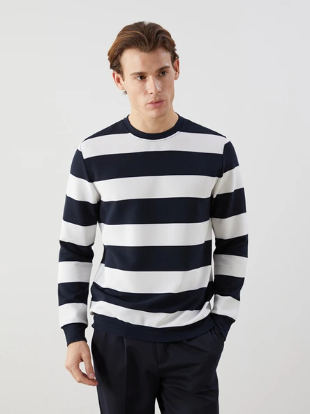 LCWAIKIKI Classic Lacivert Bisiklet Yaka Uzun Kollu Çizgili Erkek Sweatshirt ürün görseli 1