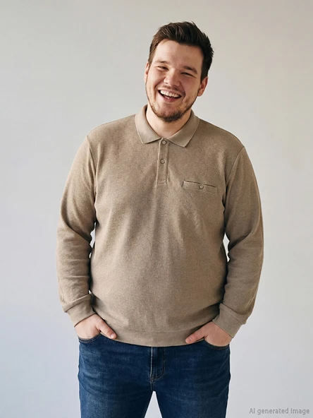 LCWAIKIKI Classic Bej Büyük Beden Polo Yaka Erkek Sweatshirt ürün görseli 1