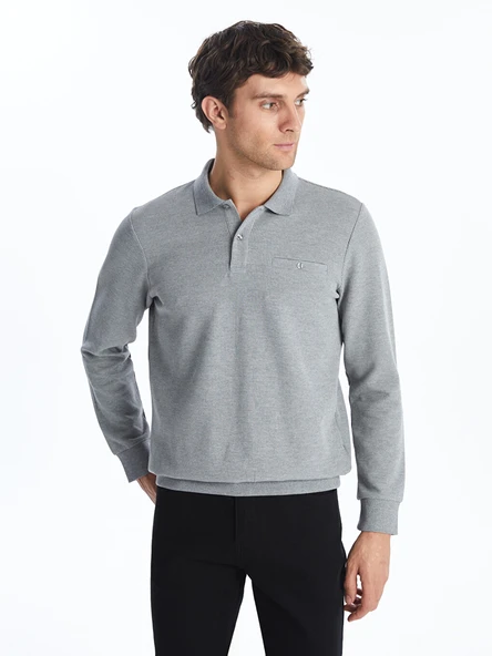 LCWAIKIKI Classic Gri Polo Yaka Uzun Kollu Erkek Sweatshirt ürün görseli 1