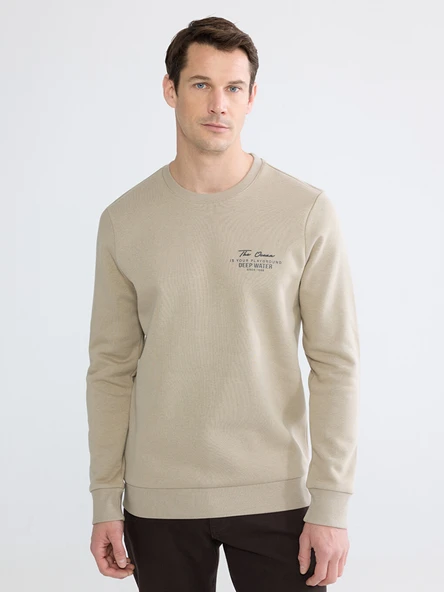 LCWAIKIKI Classic Bej Bisiklet Yaka Erkek Kalın Sweatshirt ürün görseli 1