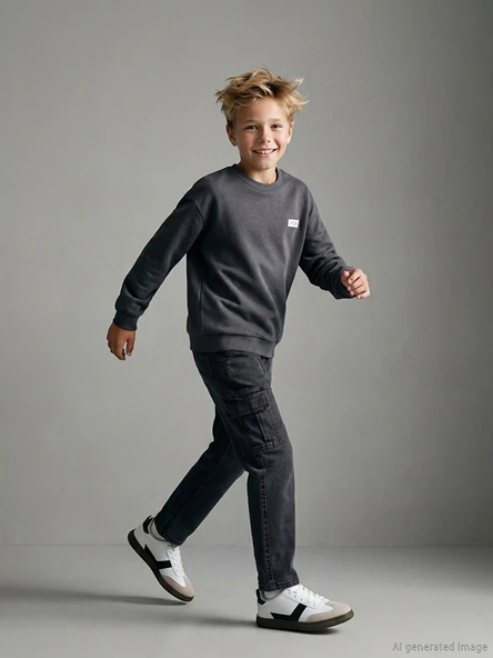 LCW Kids Antrasit Regular Fit Erkek Çocuk Kargo Jean Pantolon ürün görseli 1