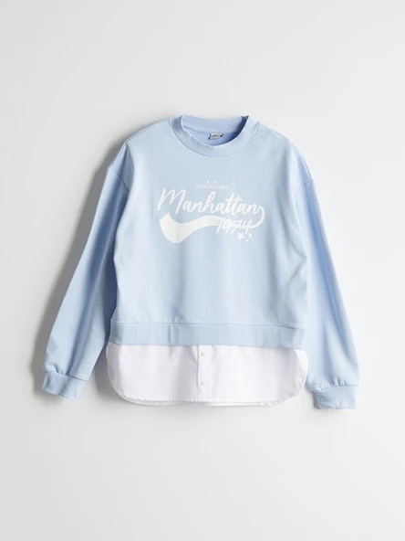 LCW Kids Mavi Bisiklet Yaka Manhattan Baskılı Kız Çocuk Sweatshirt ürün görseli 1