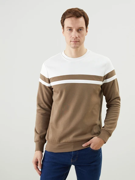 LCWAIKIKI Classic Kahverengi Bisiklet Yaka Uzun Kollu Renk Bloklu Erkek Sweatshirt ürün görseli 1