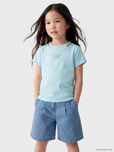 LCW Kids Yeşil Kelebek Nakışlı Kız Çocuk Tişört ürün görseli 1