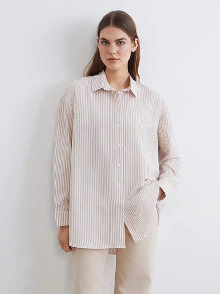 LC WAIKIKI Bej Çizgili Oversize Poplin Kadın Gömlek Tunik ürün görseli 1