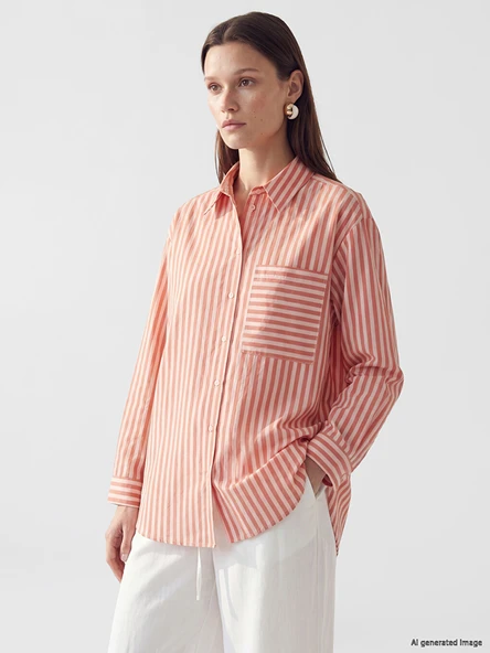 LCW Modest Pembe Çizgili Oversize Kadın Gömlek Tunik ürün görseli 1