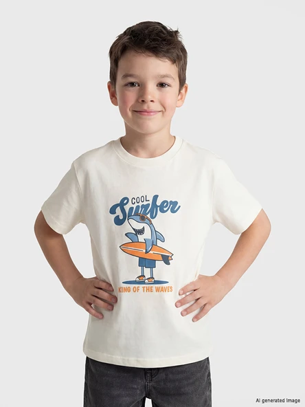 LCW Kids Bej Bisiklet Yaka Baskılı Erkek Çocuk Tişört ürün görseli 1