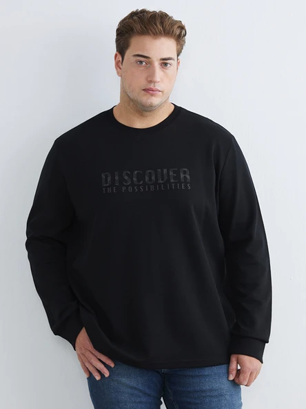 LCWAIKIKI Classic Siyah Büyük Beden Bisiklet Yaka Baskılı Erkek Sweatshirt ürün görseli 1
