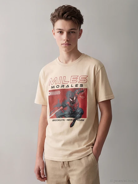 LCW Kids Bej Bisiklet Yaka Spider-Man Baskılı Erkek Çocuk Tişört ürün görseli 1