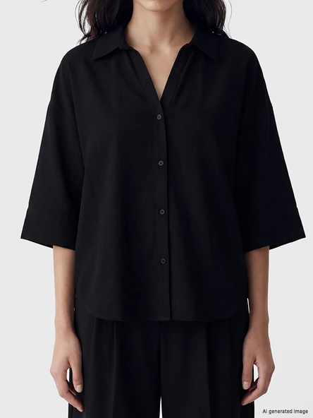 LCW Vision Siyah Oversize Poplin Kadın Gömlek - Resim 3