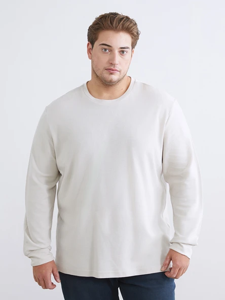 LCWAIKIKI Classic Bej Büyük Beden Bisiklet Yaka Erkek Sweatshirt ürün görseli 1