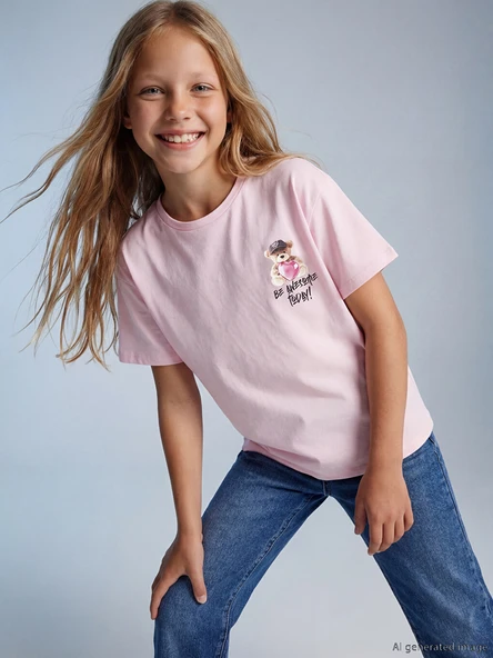 LCW Kids Pembe Bisiklet Yaka Baskılı Kız Çocuk Tişört ürün görseli 1