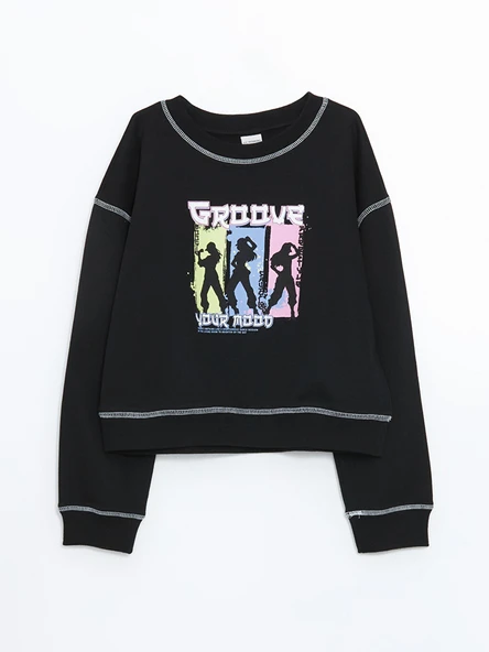 LCW Kids Siyah Bisiklet Yaka Baskılı Kız Çocuk Sweatshirt ürün görseli 1