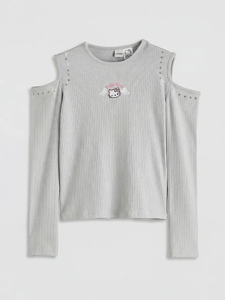 LCW Kids Gri Bisiklet Yaka Hello Kitty Nakışlı Kız Çocuk Sweatshirt ürün görseli 1