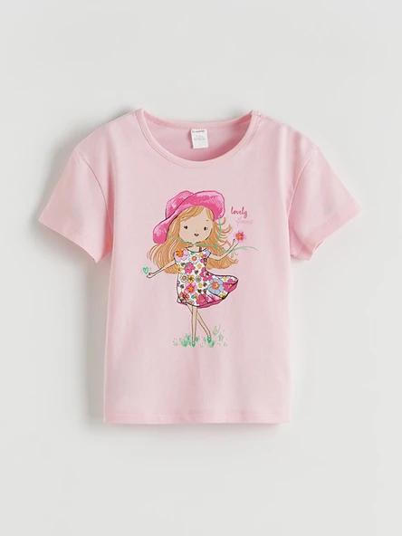 LC WAIKIKI Pembe Bisiklet Yaka Baskılı Kız Çocuk Tişört ürün görseli 1