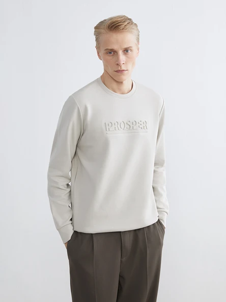 LCWAIKIKI Classic Bej Bisiklet Yaka Baskılı Erkek Sweatshirt ürün görseli 1