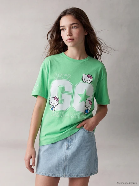 LCW Kids Yeşil Bisiklet Yaka Hello Kitty Baskılı Kız Çocuk Tişört ürün görseli 1