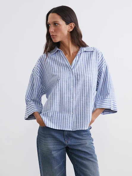 LCW Vision Mavi Çizgili Oversize Poplin Kadın Gömlek ürün görseli 1