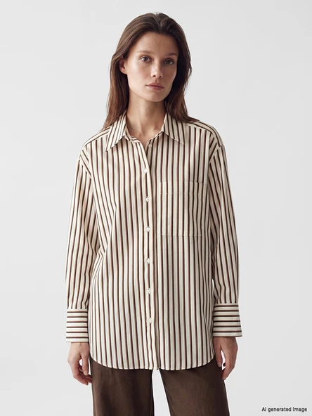 LCW Modest Sarı Çizgili Oversize Poplin Kadın Gömlek Tunik ürün görseli 1