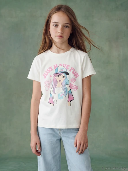 LCW Kids Beyaz Bisiklet Yaka Baskılı Kız Çocuk Tişört ürün görseli 1