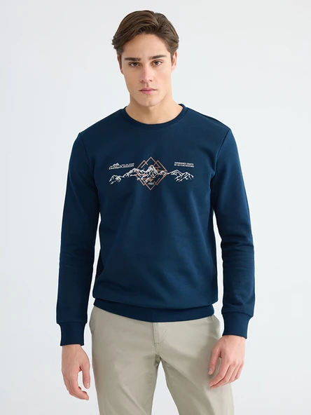 LCWAIKIKI Classic Lacivert Bisiklet Yaka Baskılı Erkek Kalın Sweatshirt ürün görseli 1