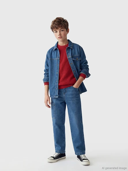 LCW Kids İndigo Loose Fit Erkek Çocuk Kargo Jean Pantolon ürün görseli 1
