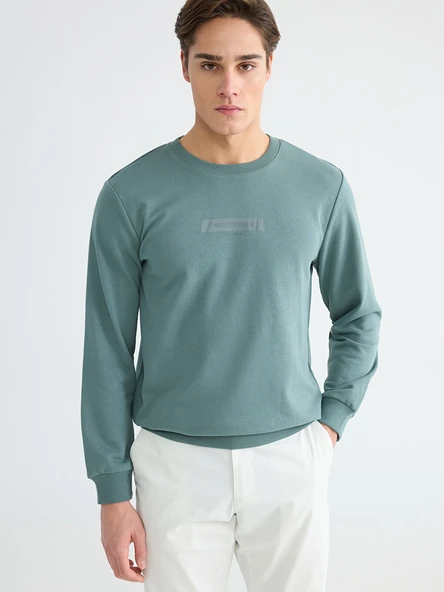 LCWAIKIKI Classic Yeşil Bisiklet Yaka Baskılı Erkek Sweatshirt ürün görseli 1
