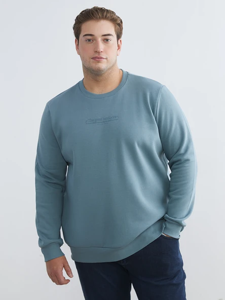 LCWAIKIKI Classic İndigo Büyük Beden Bisiklet Yaka Baskılı Kalın Erkek Sweatshirt ürün görseli 1
