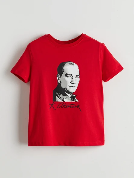 LCW Kids Kırmızı Bisiklet Yaka Atatürk Baskılı Kız Çocuk Tişört ürün görseli 1