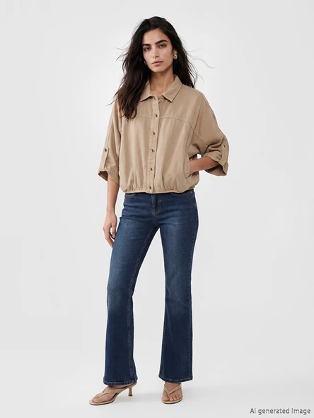 LCW Vision Bej Oversize Kadın Jean Gömlek - Resim 2