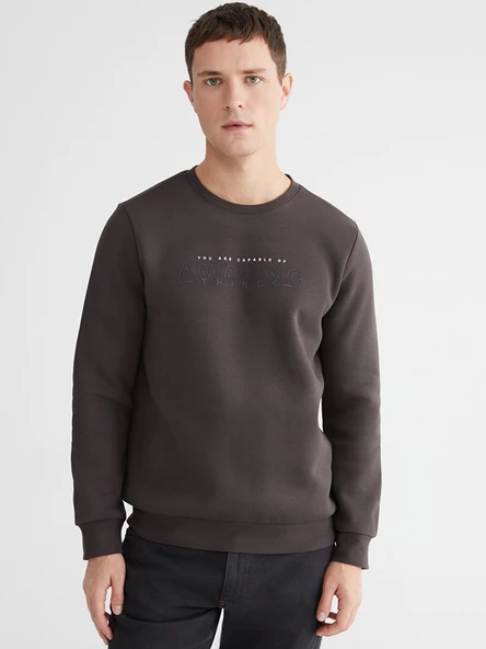 LCWAIKIKI Classic Kahverengi Bisiklet Yaka Baskılı Erkek Kalın Sweatshirt ürün görseli 1