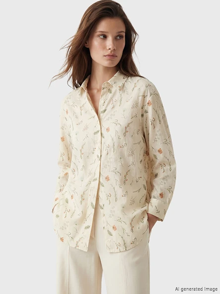 LCW Modest Ekru Desenli Oversize Kadın Gömlek Tunik ürün görseli 1