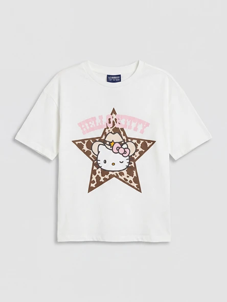 LCW Kids Beyaz Bisiklet Yaka Hello Kitty Baskılı Kız Çocuk Tişört ürün görseli 1