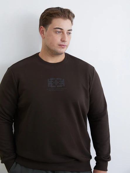LCWAIKIKI Classic Kahverengi Bisiklet Yaka Baskılı Erkek Sweatshirt ürün görseli 1