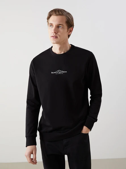 LCWAIKIKI Classic Siyah Bisiklet Yaka Uzun Kollu Baskılı Erkek Sweatshirt ürün görseli 1