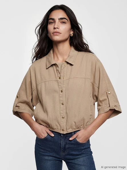 LCW Vision Bej Oversize Kadın Jean Gömlek ürün görseli 1