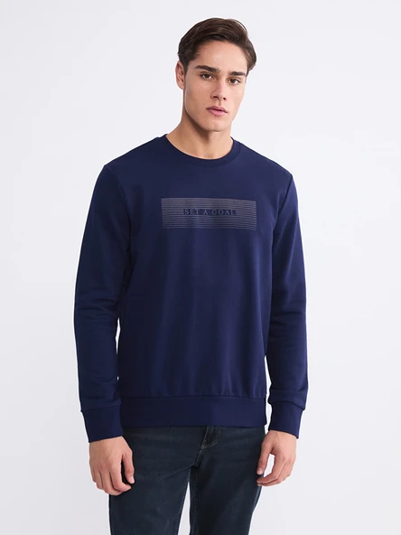 LCWAIKIKI Classic Lacivert Bisiklet Yaka Baskılı Erkek Sweatshirt ürün görseli 1