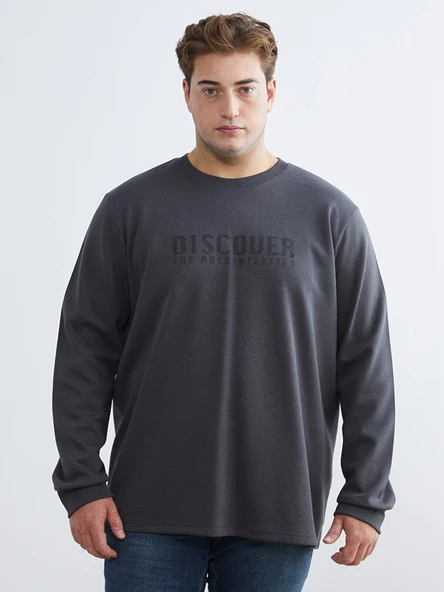 LCWAIKIKI Classic Antrasit Büyük Beden Bisiklet Yaka Baskılı Erkek Sweatshirt ürün görseli 1