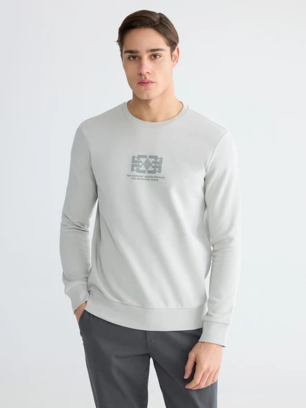 LCWAIKIKI Classic Gri Bisiklet Yaka Baskılı Erkek Kalın Sweatshirt ürün görseli 1