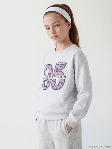 LCW Kids Gri Bisiklet Yaka New York Baskılı Kız Çocuk Kalın Sweatshirt ürün görseli 1