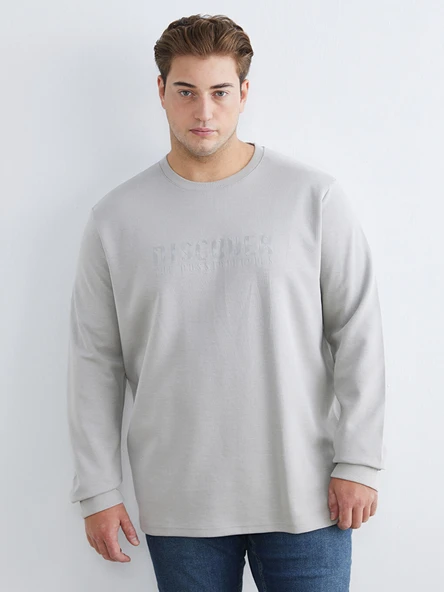 LCWAIKIKI Classic Gri Büyük Beden Bisiklet Yaka Baskılı Erkek Sweatshirt ürün görseli 1