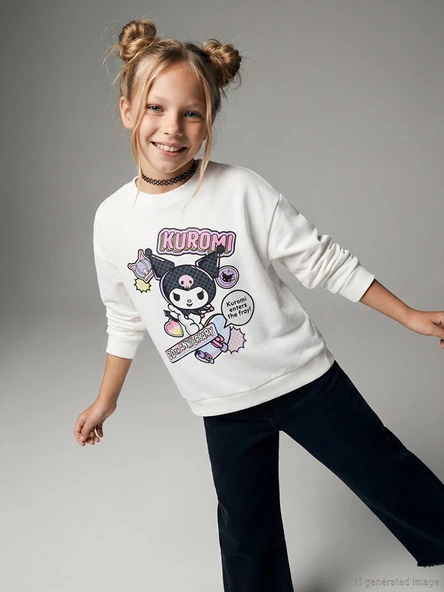LCW Kids Beyaz Bisiklet Yaka Kuromi Baskılı Kız Çocuk Sweatshirt ürün görseli 1