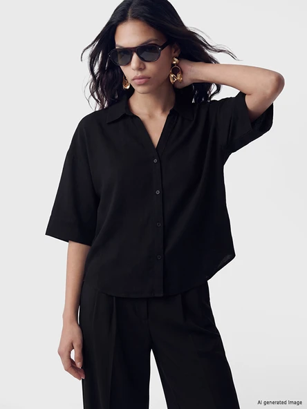 LCW Vision Siyah Oversize Poplin Kadın Gömlek ürün görseli 1