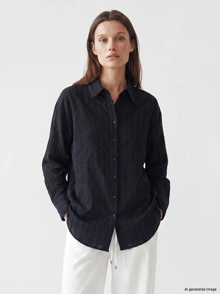 LCW Modest Siyah Çizgili Oversize Kadın Gömlek Tunik ürün görseli 1