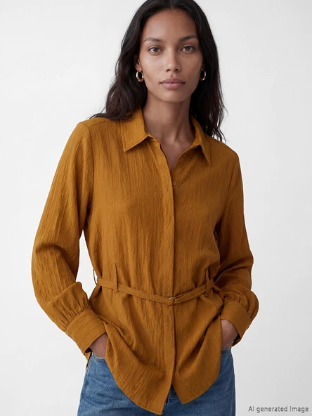 LCW EVERYDAY Sarı Kemerli Oversize Armürlü Kadın Gömlek Tunik ürün görseli 1