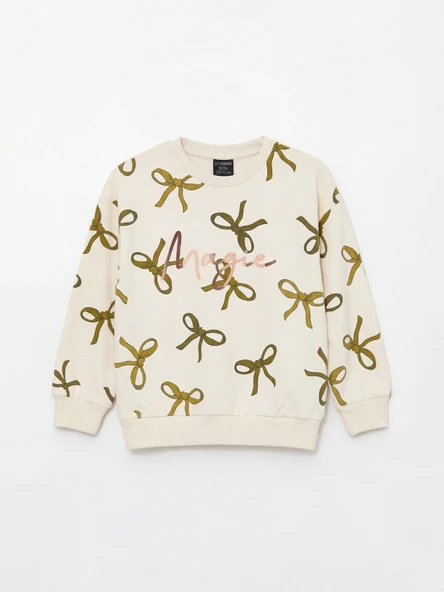 LCW Kids Ekru Bisiklet Yaka Baskılı Kız Çocuk Kalın Sweatshirt ürün görseli 1