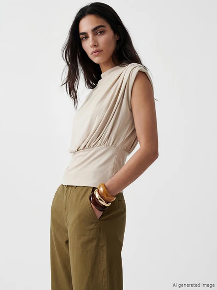 LCW Vision Bej Dik Yaka Büzgülü Bluz Mock Neck Ruched Blouse ürün görseli 1