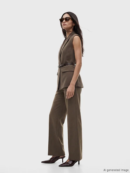 LCWAIKIKI Classic Kahverengi Beli Kemerli Standart Fit Kadın Pantolon ürün görseli 1