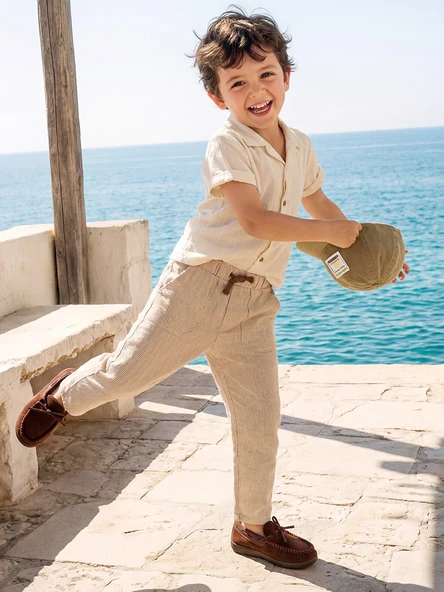 LCW Kids Kahverengi Beli Lastikli Erkek Çocuk Keten Görünümlü Pantolon ürün görseli 1
