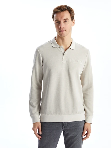 LCWAIKIKI Classic Bej Polo Yaka Uzun Kollu Erkek Sweatshirt ürün görseli 1